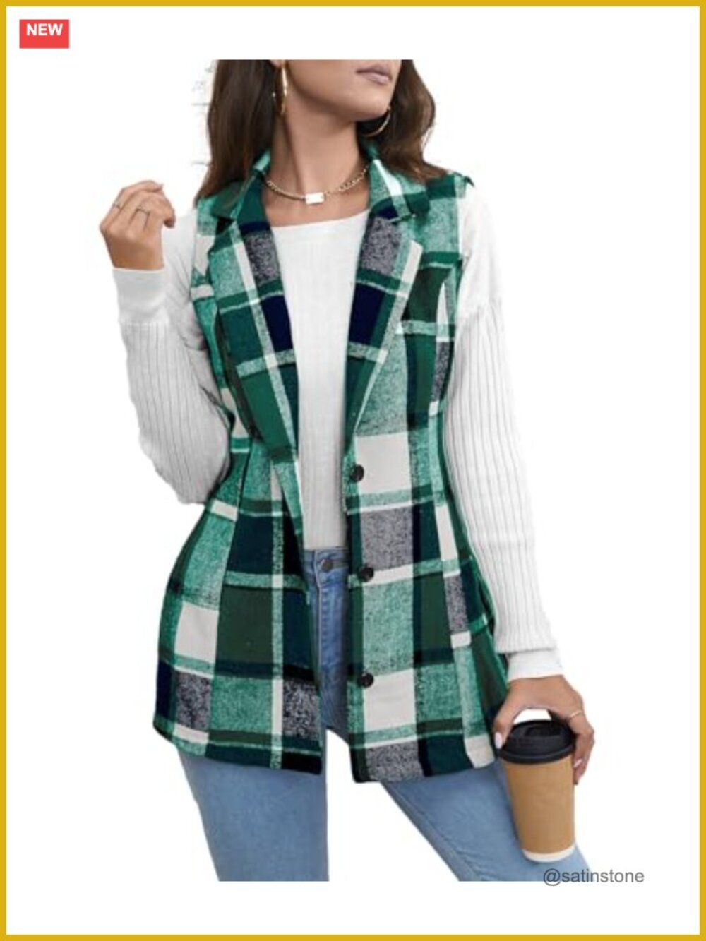 Sleeveless Plaid Shacket Vest Women Longline Button Up Polyester Casual Fall